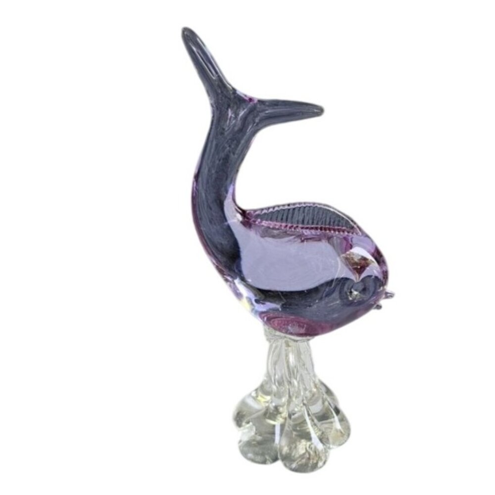 Hand Blown Art Glass‎ Long Tail Fish- 12" Tall Purple Clear Waves Nautical Ocean